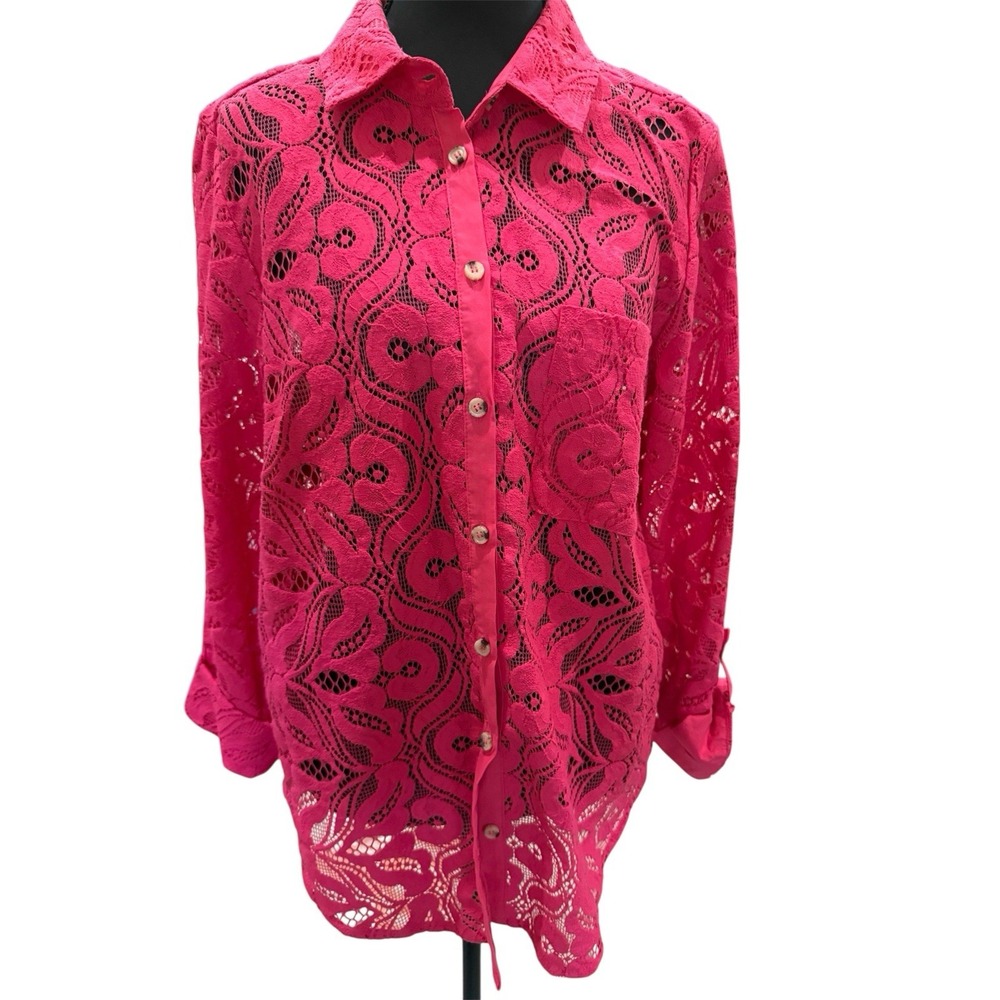 Maeve Anthropologie Floral Lace Blouse Button Up Sz 12 Collar Barbie Pink